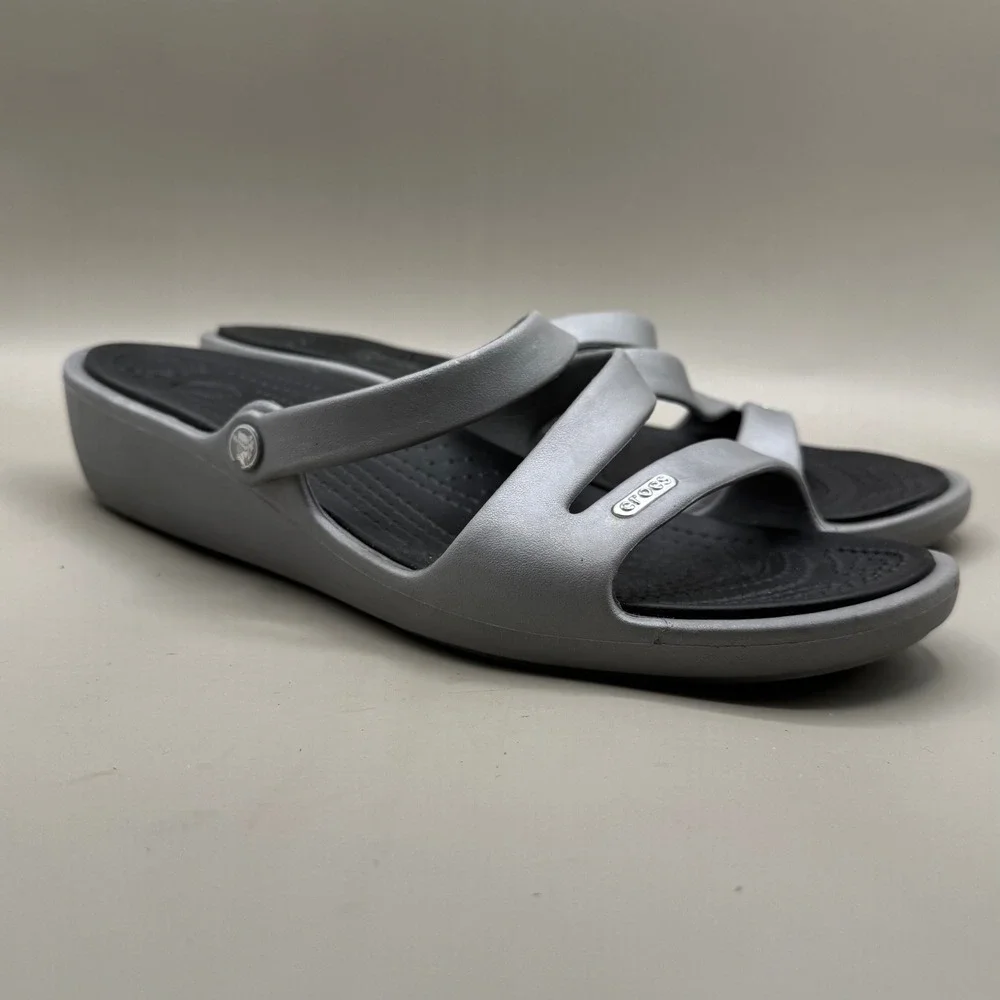 Crocs Patricia Wedge Sandals Womens 10 Multi-Strap Metallic Silver Black